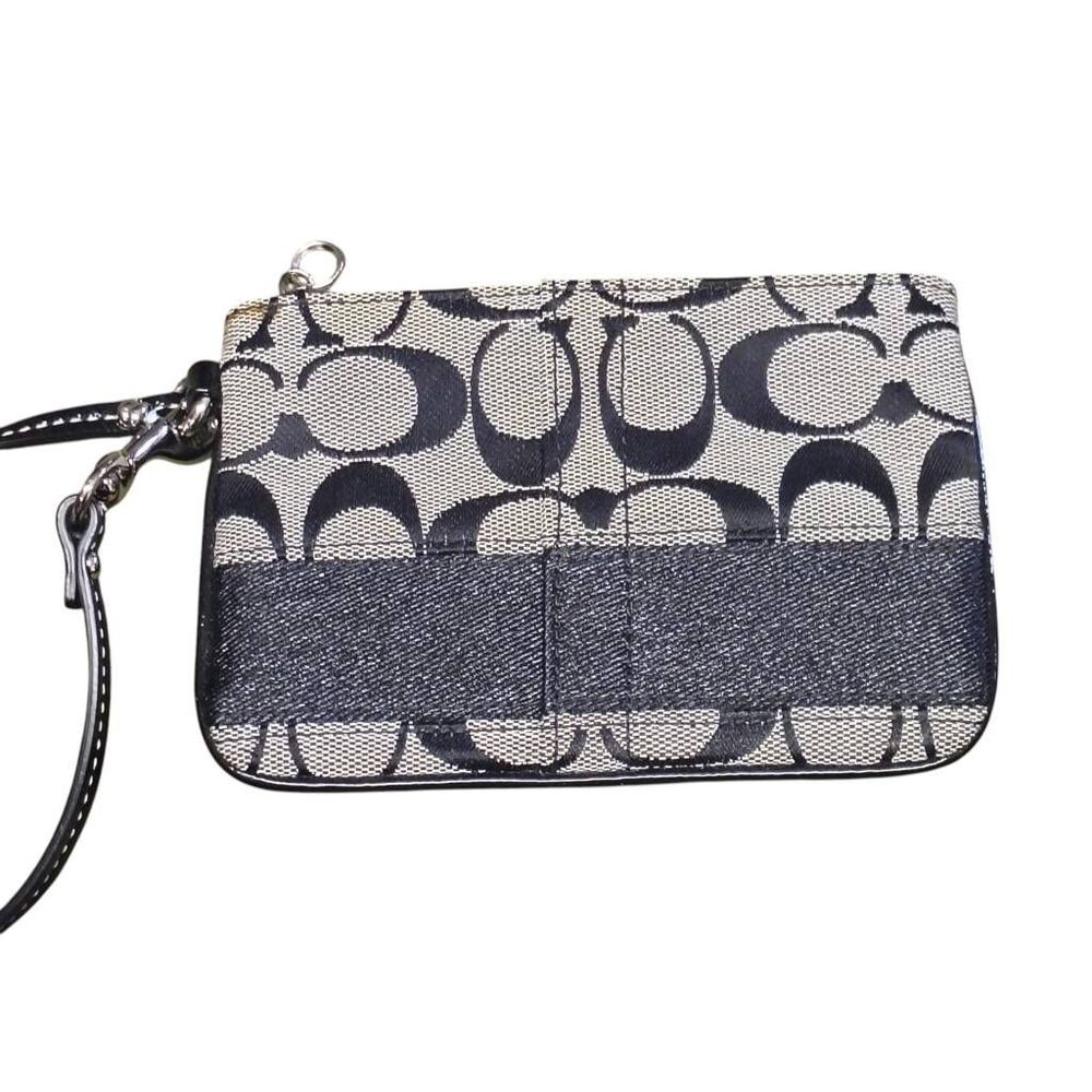 Coach Signature Canvas Black Gray Wristlet Zip Pouch Patent Leather EUC